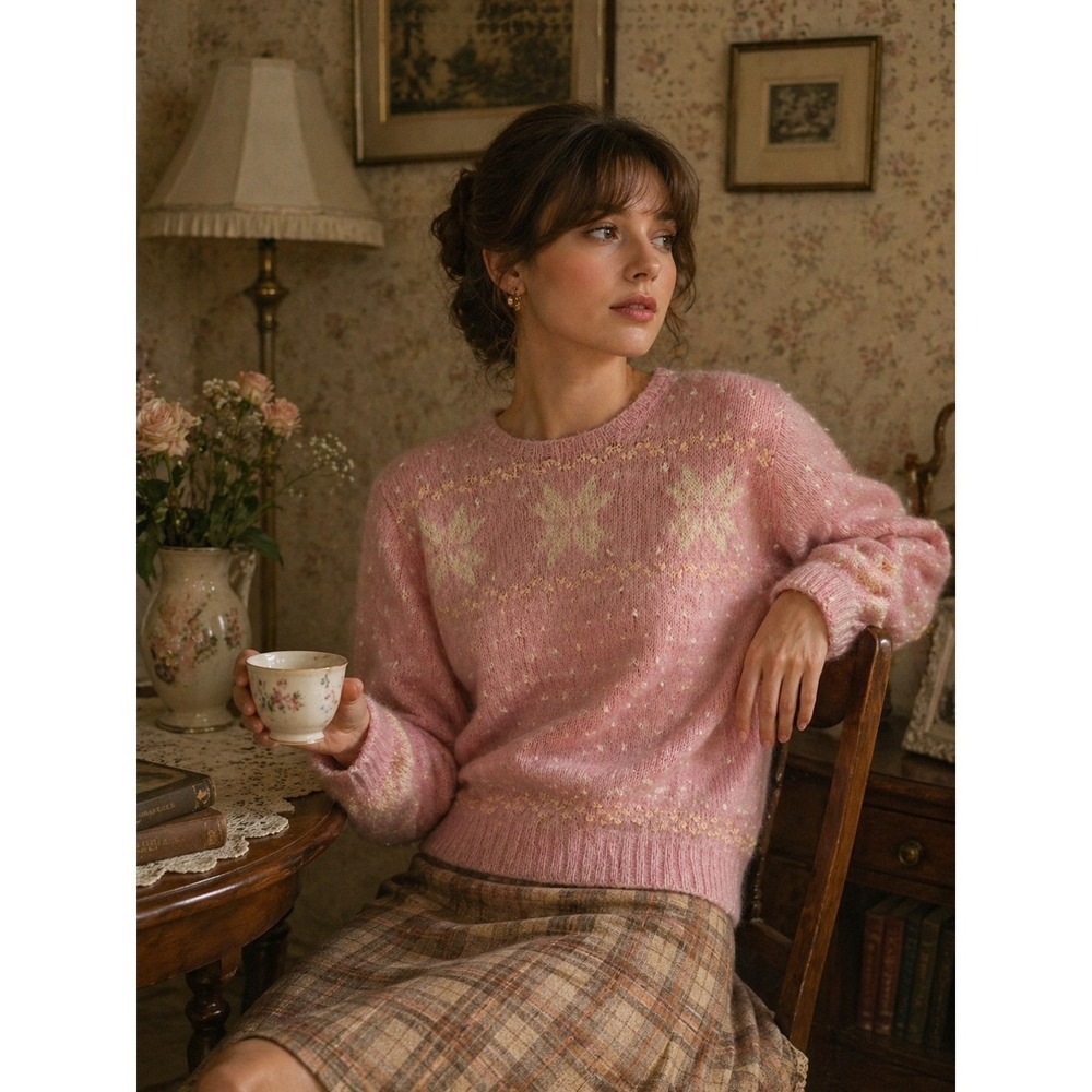 Vintage Sz‎ M Sweater Wool Blend Fuzzy Hand Knit Crew Neck Women's Jennifer Reed